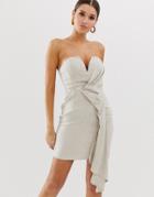 Asos Design Bandeau Mini Dress With Drape Detail In Textured Linen-multi