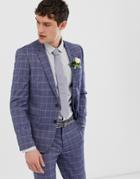 Asos Design Wedding Slim Suit Jacket In Linen Blue Check - Blue