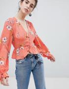 Neon Rose Tea Blouse With Tie Sleeves In Spot Floral - Red