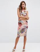 Asos Pencil Dress With Ruffle Detail In Blurry Floral Print - Floral Print