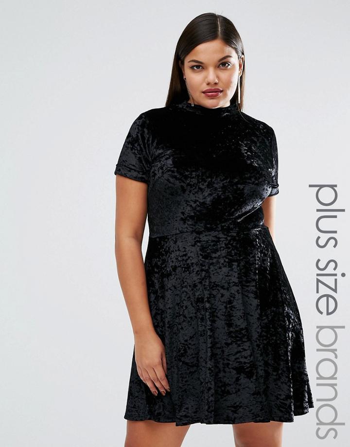 Club L Plus Crushed Velvet High Neck Short Sleeve Skater Dress - Black
