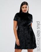 Club L Plus Crushed Velvet High Neck Short Sleeve Skater Dress - Black