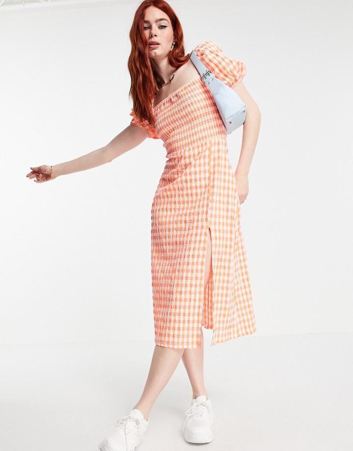 Bershka Seersucker Puff Sleeve Gingham Dress In Pink