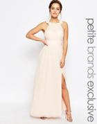 Little Miss Petite High Neck Maxi Dress With 3d Floral Applique Neck Detail - Nude