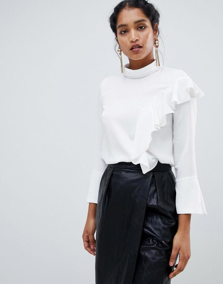 Closet London Long Sleeve Top With Frill Detail - White