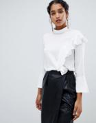 Closet London Long Sleeve Top With Frill Detail - White