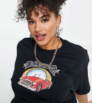 Daisy Street Plus T-shirt With Vintage Style Grunge Car Graphic-black