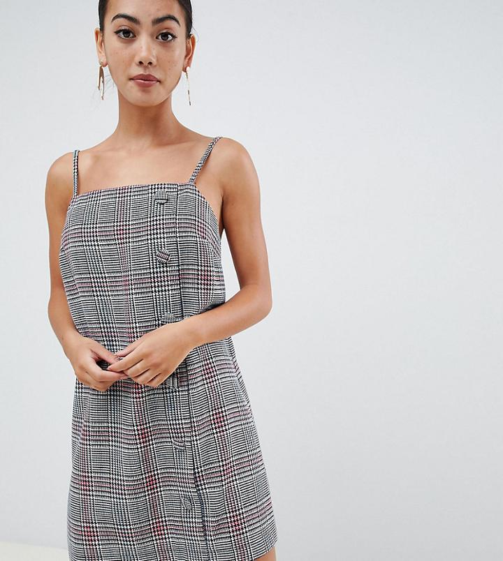 Asos Design Petite Square Neck Mini Dress With Buttons In Check-multi
