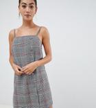 Asos Design Petite Square Neck Mini Dress With Buttons In Check-multi
