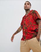 Profound Aesthetic Short Sleeve Revere Collar Shirt With Bird Print In Red - Black