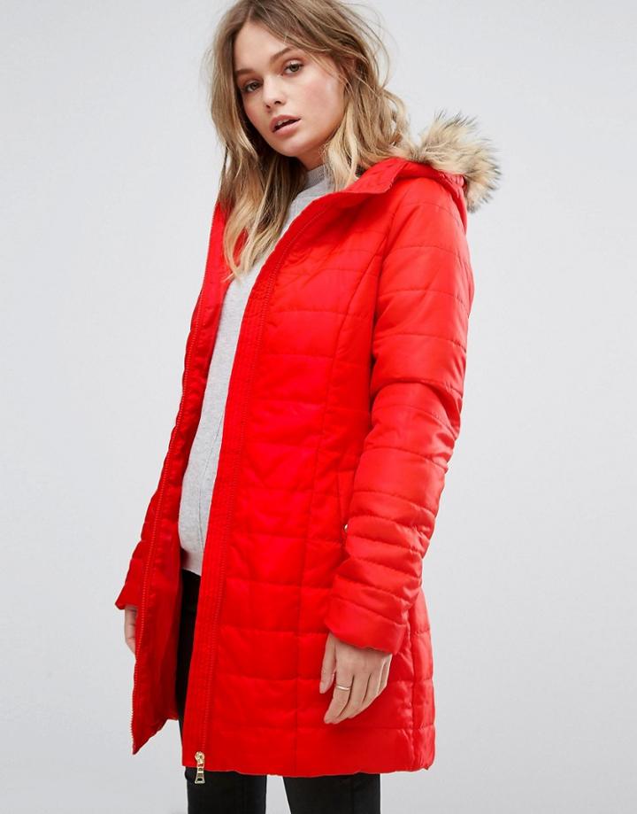 Vero Moda Padded Faux Fur Belted Parka - Red