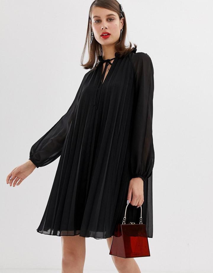 Asos Design Pleated Trapeze Mini Dress With Tie Neck - Black