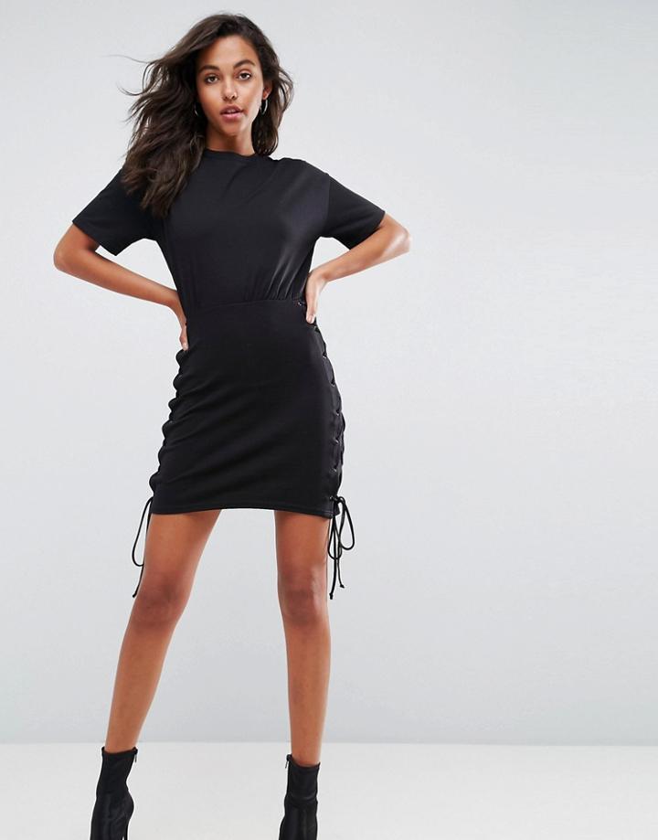 Asos T-shirt Mini Dress With Lace Up Sides-black