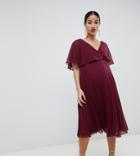 Asos Design Maternity Midi Dress With Pleat Skirt And Flutter Sleeve - Purple