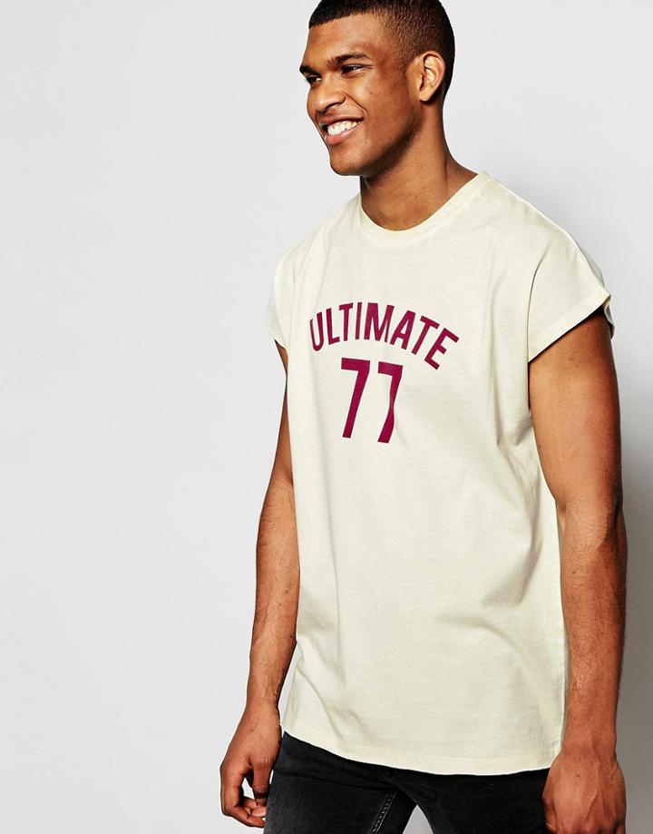 Asos Super Oversized Sleeveless T-shirt With Retro Print And Raw Edge - Beige