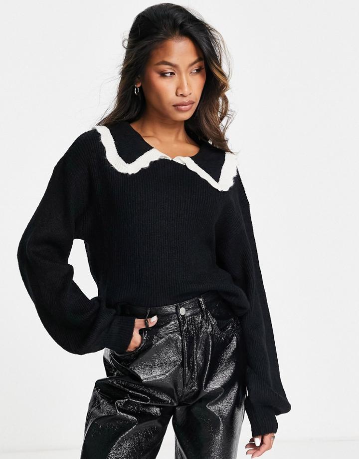 Violet Romance Collared Sweater With Balloon Sleeves In Black