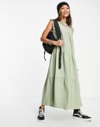 Asos Design Frill Sleeve Midi Dress In Pale Khaki-green