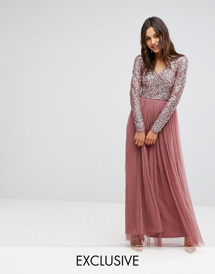 Maya Maxi Dress In Tonal Delicate Sequin With Long Sleeve - Red