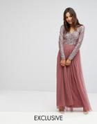 Maya Maxi Dress In Tonal Delicate Sequin With Long Sleeve - Red