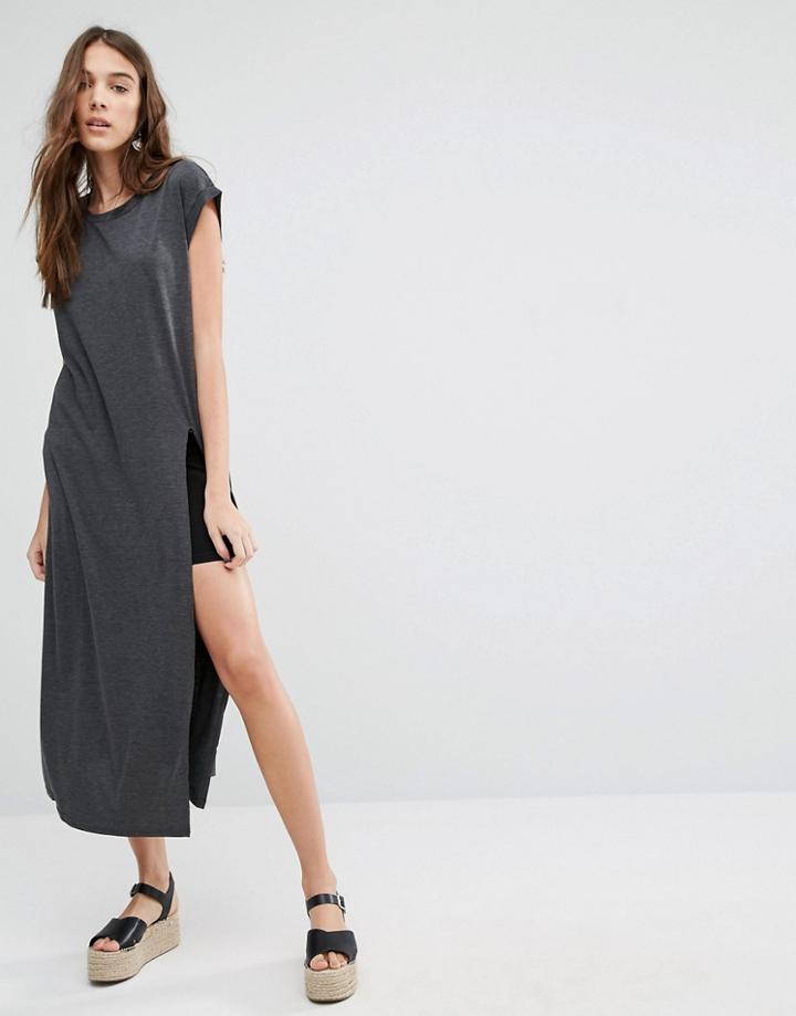 Brave Soul T-shirt Maxi Dress With Split - Gray