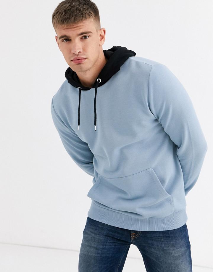 Asos Design Hoodie In Light Blue With Black Hood