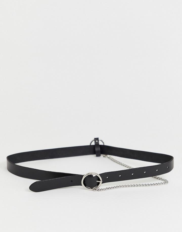 Asos Design Leather Waist And Hip Belt With Circle Buckle And Chain Detail-black