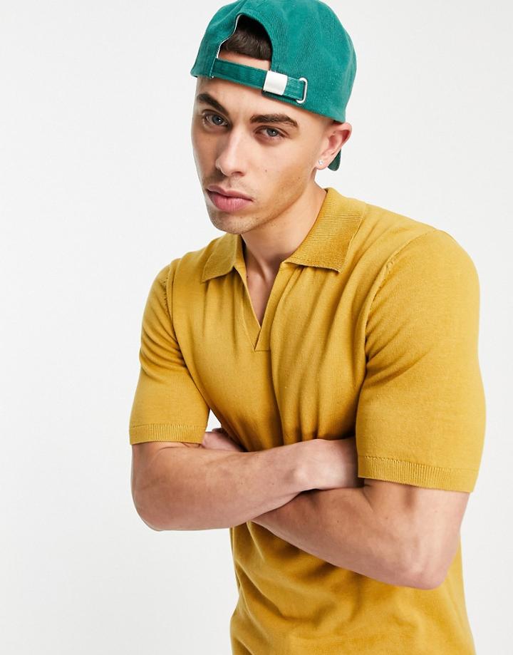 Asos Design Knit Cotton Notch Neck Polo In Mustard-yellow