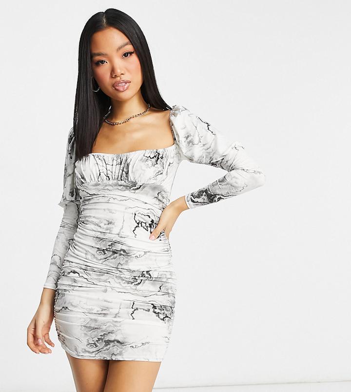 Asos Design Petite Slinky Long Sleeve Ruched Bust Mini Dress In Tie Dye Print-multi
