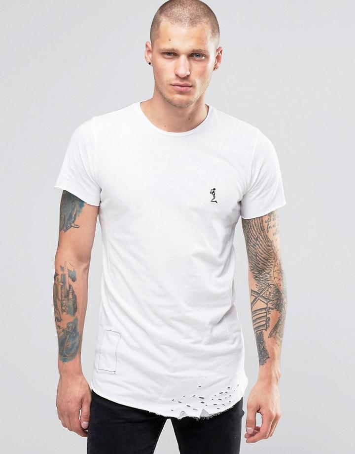 Religion Longline T-shirt With Curved Hem And Rip Detail - White