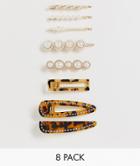 Asos Design Pack Of 8 Hair Clips In Mixed Tortoiseshell And Pearl Designs-multi
