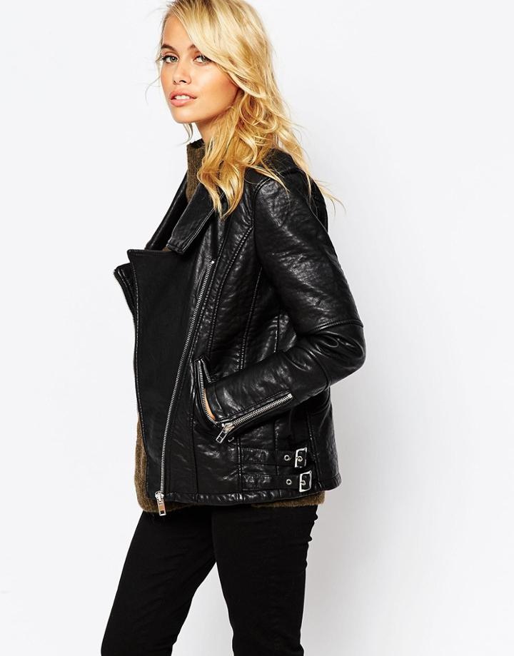 Urbancode Biker Jacket With Oversized Collar In Textured Pu - Black