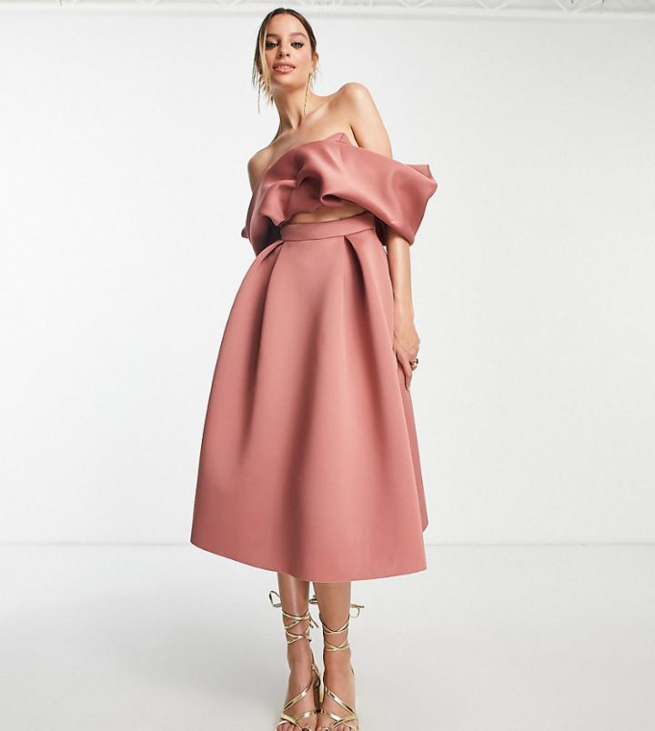 Asos Design Tall Bardot Midi Cut Out Skater Dress In Rose-pink
