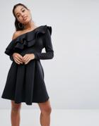 Asos Double Ruffle One Shoulder Mini Dress - Black