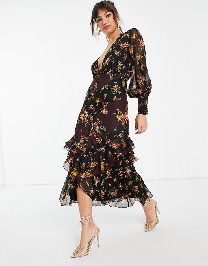 Asos Design Mixed Floral Plunge Front Button Front Midi Dress With Long Sleeve And Ruffle Skirt-multi