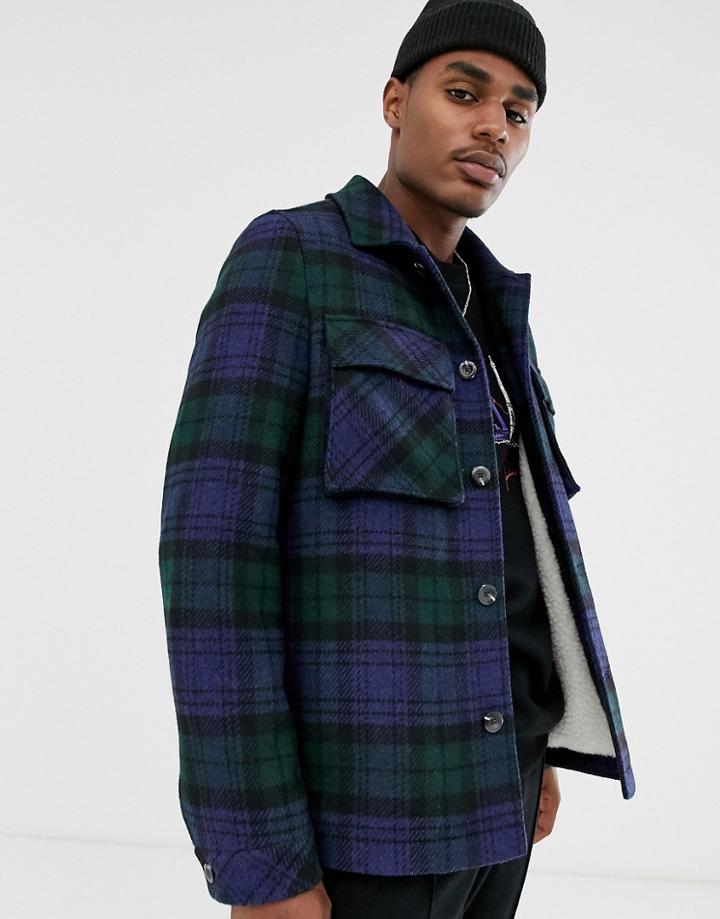Asos Design Fleece Lined Wool Mix Jacket In Navy Check