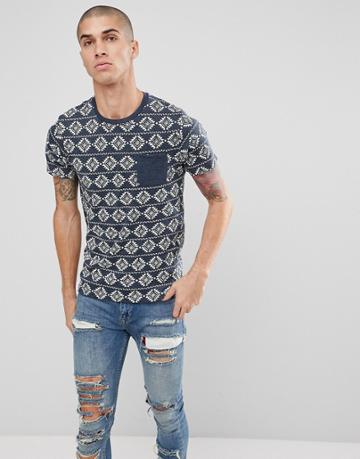 Brave Soul All Over Geo-tribal Print T-shirt - Navy