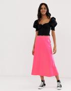 New Look Satin Midi Skirt In Neon Pink - Pink