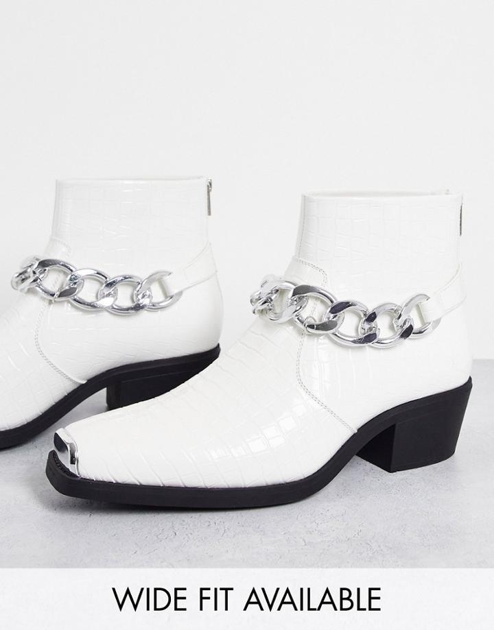 Asos Design Cuban Heeled Boots In White Faux Croc With Chain Detail