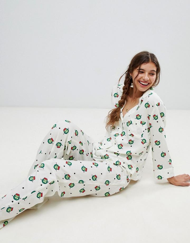 Asos Design Christmas Sprout Traditional Shirt And Pants Pyjama Set In 100% Modal - White