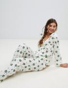 Asos Design Christmas Sprout Traditional Shirt And Pants Pyjama Set In 100% Modal - White