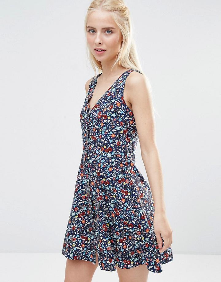 Qed London Sleeveless Ditsy Floral Tea Dress - Navy