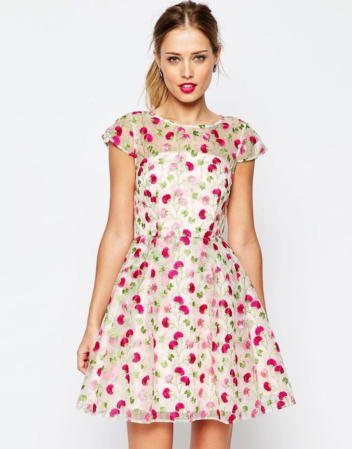 Asos Salon Pretty Floral Embroidered Mini Skater Dress - Pink