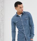 Asos Design Tall Skinny Western Denim Shirt In Mid Wash-blue