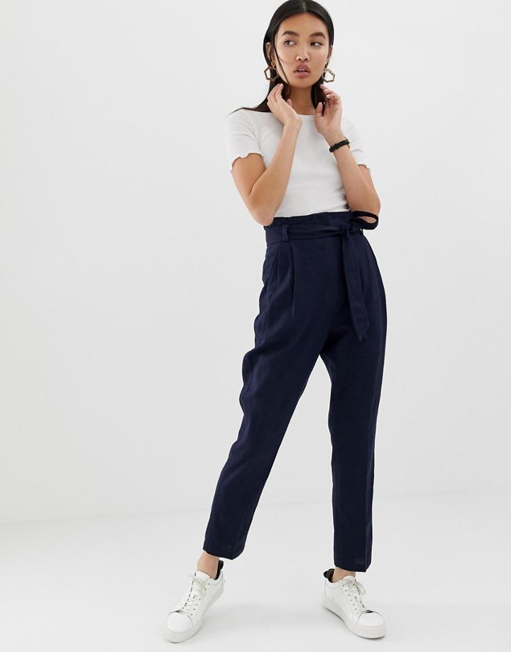 Asos Design Linen Tie Waist Tapered Peg Pants-navy