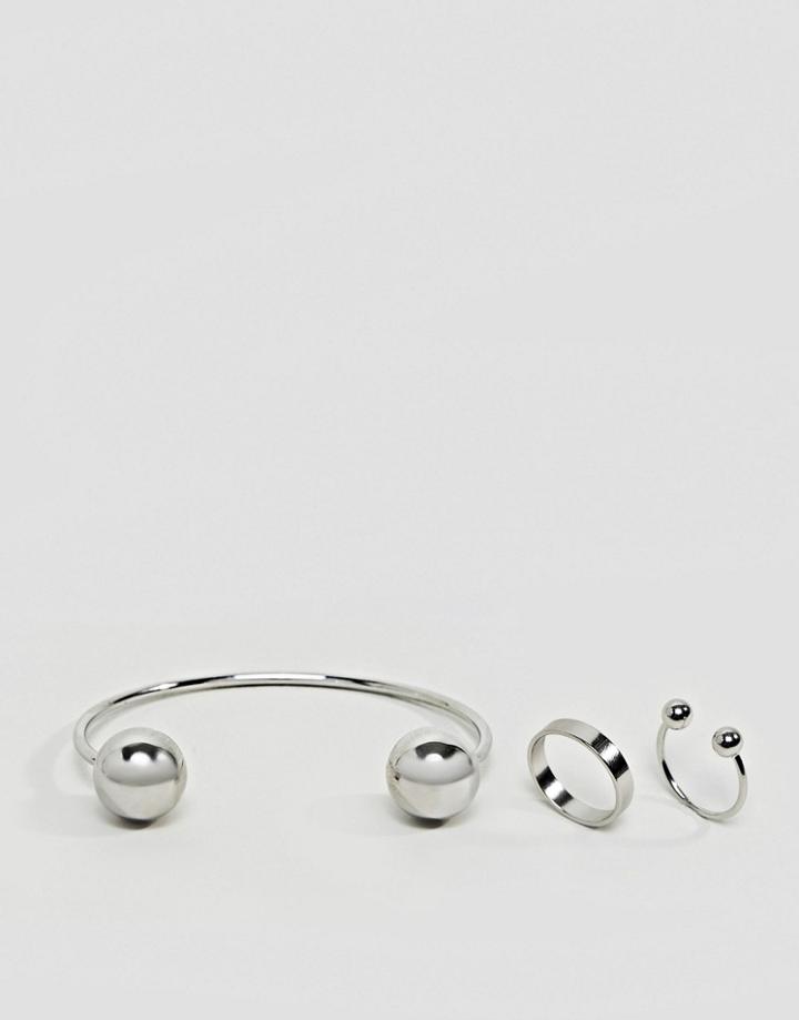Asos Pack Of 3 Ball Rings And Cuff Bracelet Pack - Silver