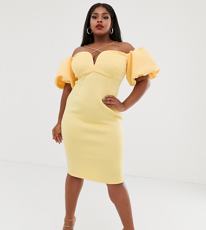 Asos Design Curve Bardot Bubble Sleeve Strappy Midi Dress-yellow