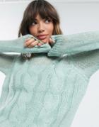 Fashion Union Sweater In Chunky Cable Knit With Sheer Panel-green