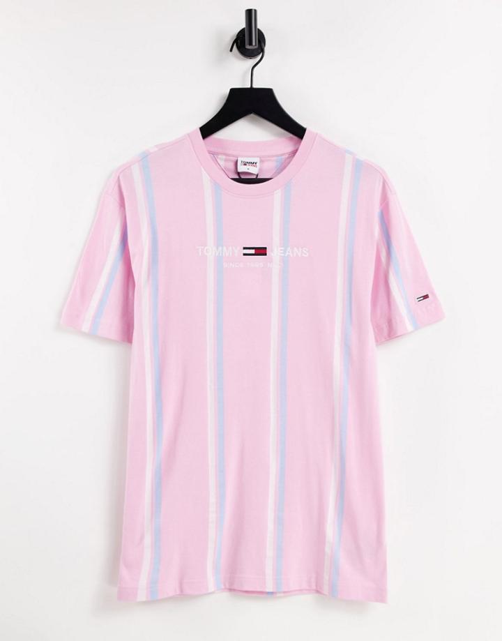 Tommy Jeans Pastel Collection Center Logo Wide Stripe T-shirt In Romantic Pink