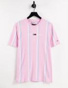 Tommy Jeans Pastel Collection Center Logo Wide Stripe T-shirt In Romantic Pink