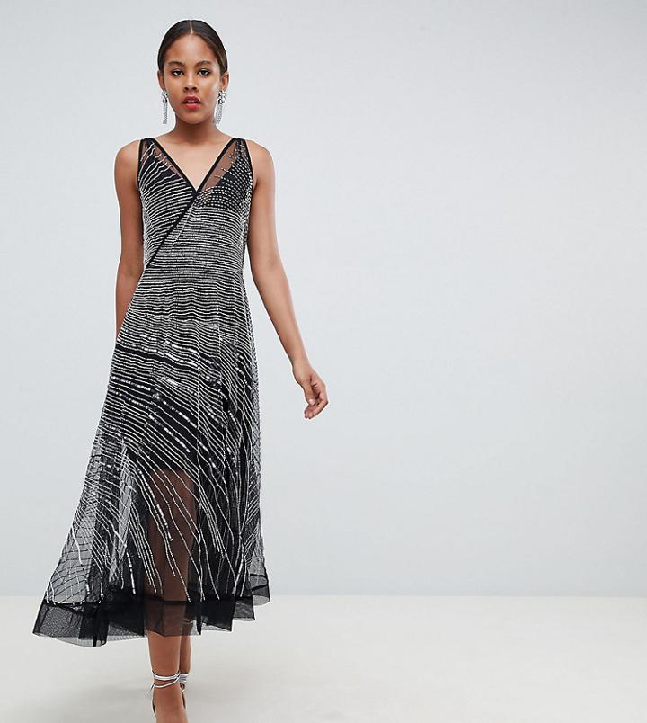 Asos Design Tall Mesh Embellished Midi Skater Dress - Black